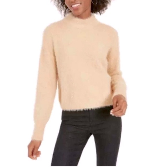 Sun + Moon Fuzzy Sweater Light Camel Brown Mock Neck Long Sleeves Casual Top - Picture 8 of 8